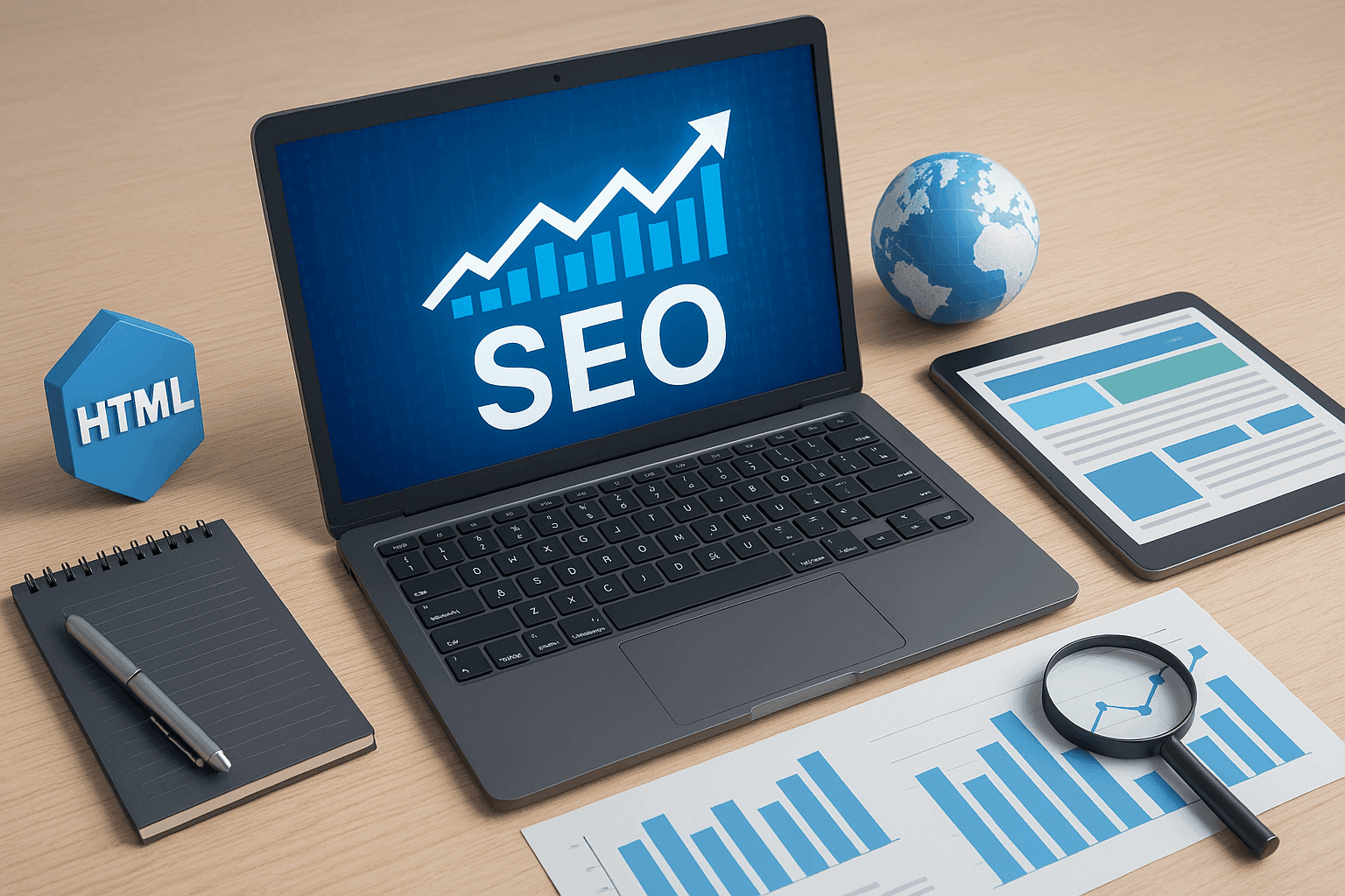Laptop showing SEO analysis with graphs and world globe