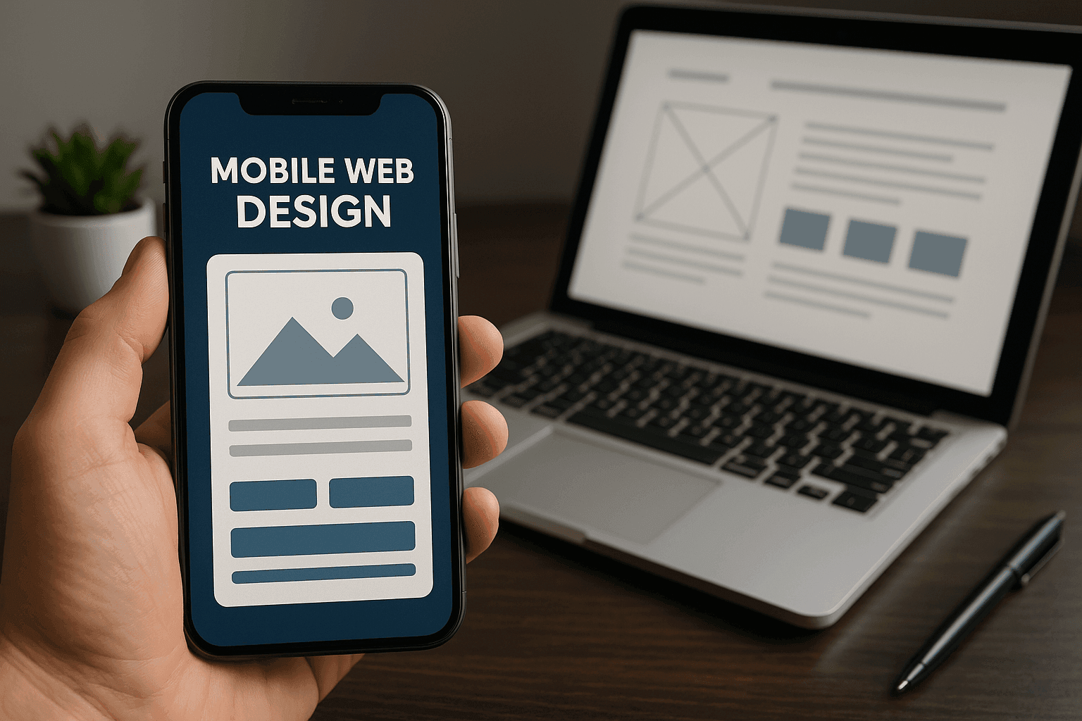 Mobile web design on smartphone with laptop in background.