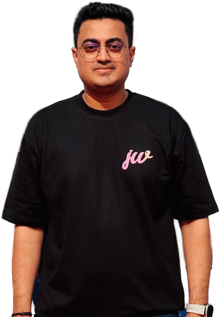 Man in black t-shirt with "jw" text.